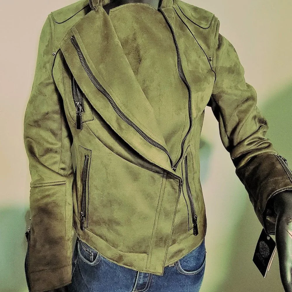 NWT Vince Camuto Woman's Olive Vegan Suede Moto Jacket - Picture 6 of 12